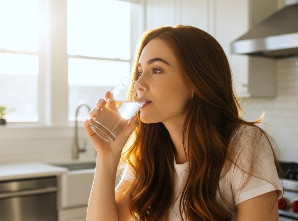 水を飲んでいる女性