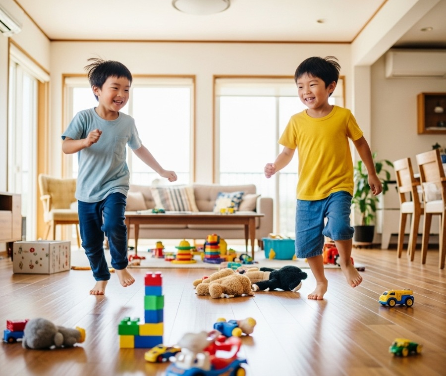 家の中で走り回る2人の男の子たち