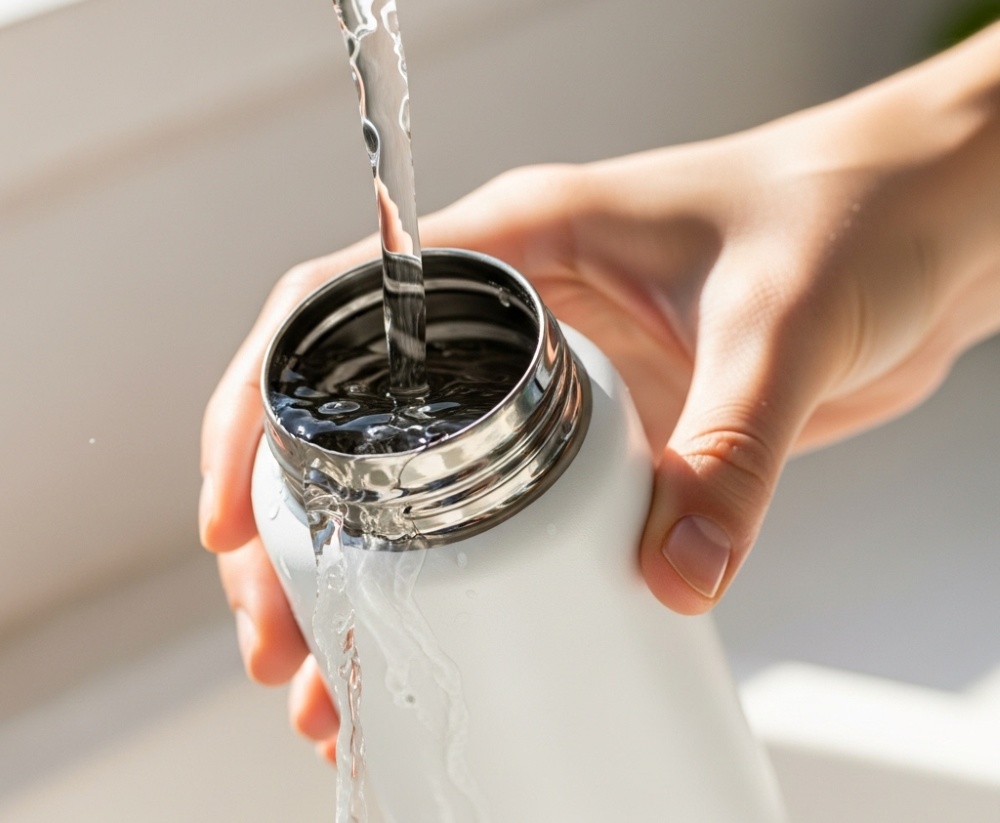 水を水筒に入れる様子