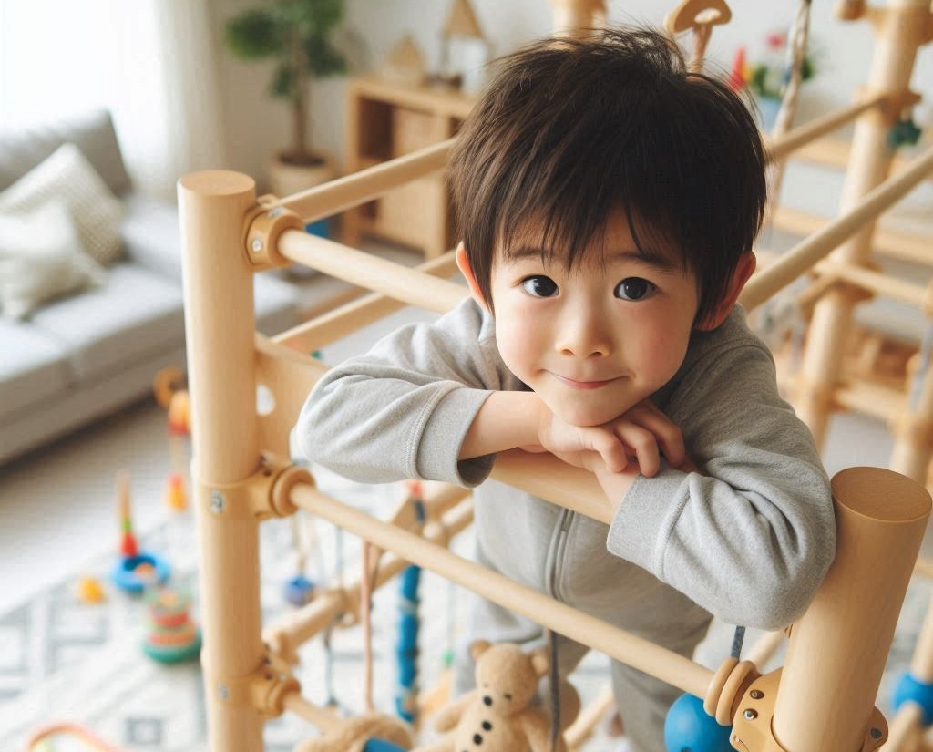 室内のジャングルジムで遊ぶ男の子